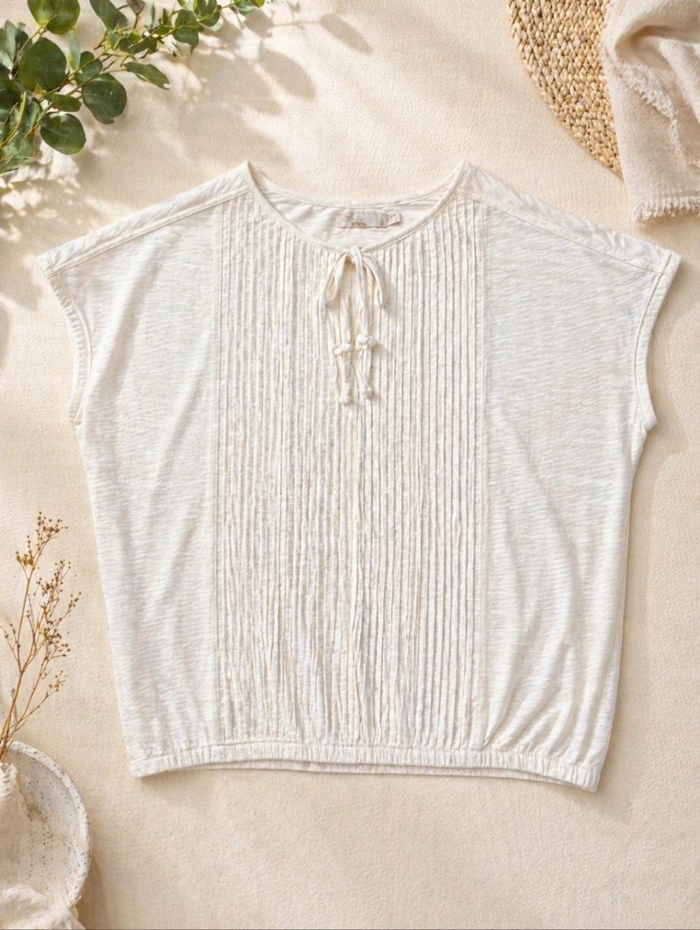 Prana Organic Cotton Pleated Front Blouse Ivory Cap Sleeve Tie Neck S
